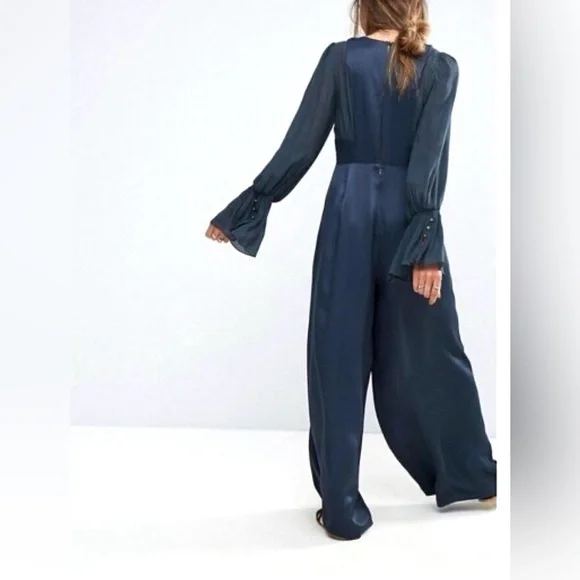 Free People not your baby satin navy Blue feminine bohemian Jumpsuit - Picture 2 of 8